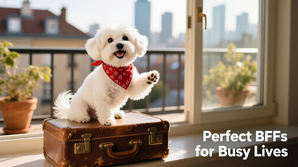 A fluffy white Maltese sitting happily on a suitcase, wearing a tiny bandana, ready for travel