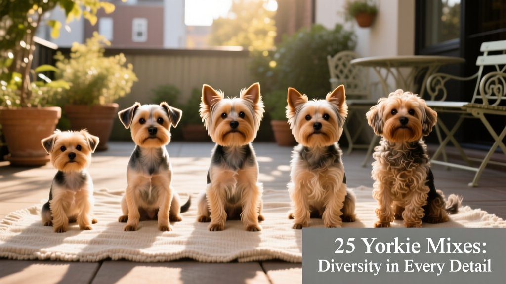 Side-by-side comparison of five Yorkie mixes showing variation in size, ear shape, and coat type