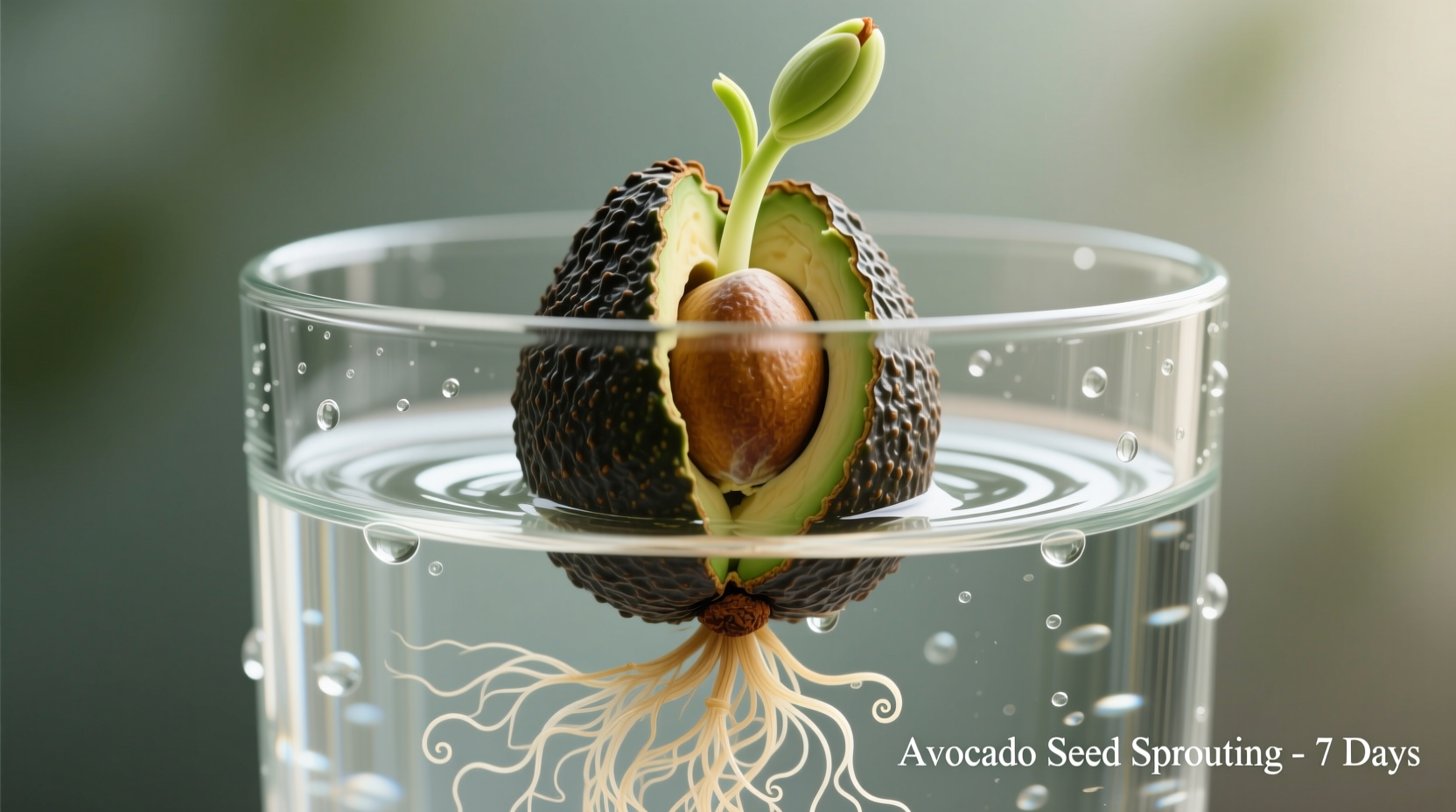 Avocado seed sprouting with roots in water glass