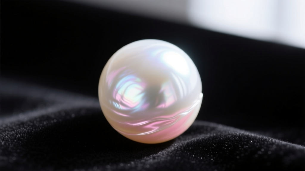 Macro shot of a high-luster freshwater pearl with rose overtones on dark velvet, highlighting pristine nacre quality.