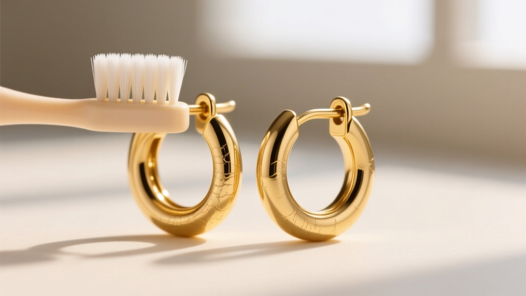 Pair of 14k solid gold 11mm huggie hoop earrings with a delicate hinge being gently brushed with a soft-bristled baby toothbrush