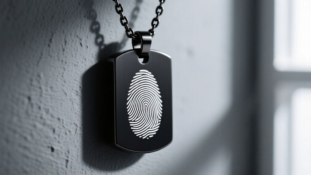 Matte black Grade 5 titanium memorial pendant with high-contrast white laser-engraved fingerprints on a black stainless chain.