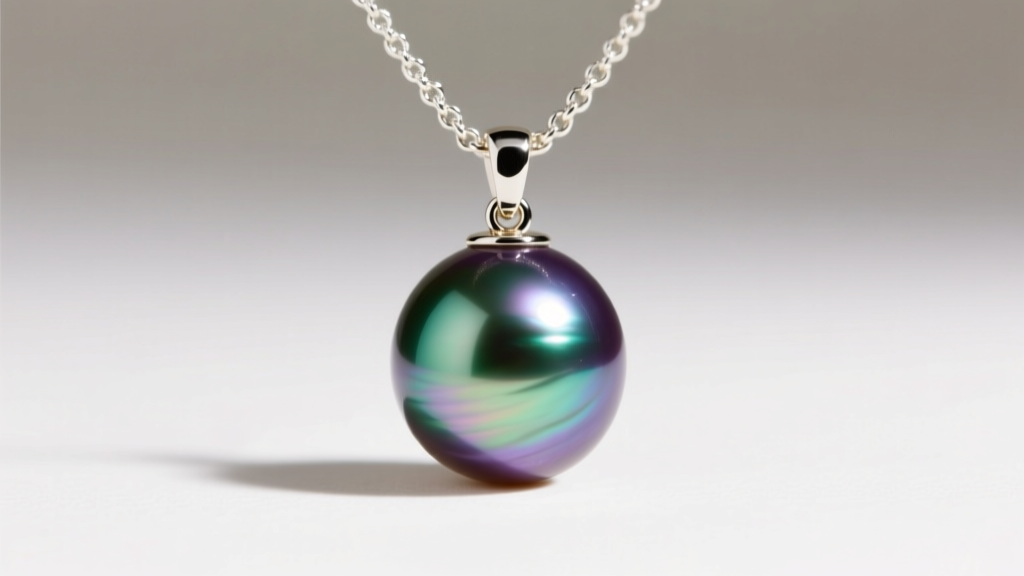 A 10mm Tahitian pearl pendant on a white gold chain showing iridescent green and purple overtones in bright natural daylight.