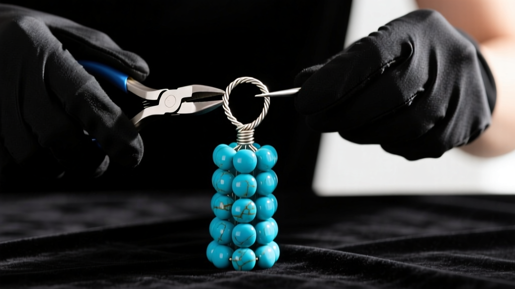 Jewelry hands using round-nose pliers to create a wrapped wire loop above a stack of vibrant blue turquoise beads on a dark mat.
