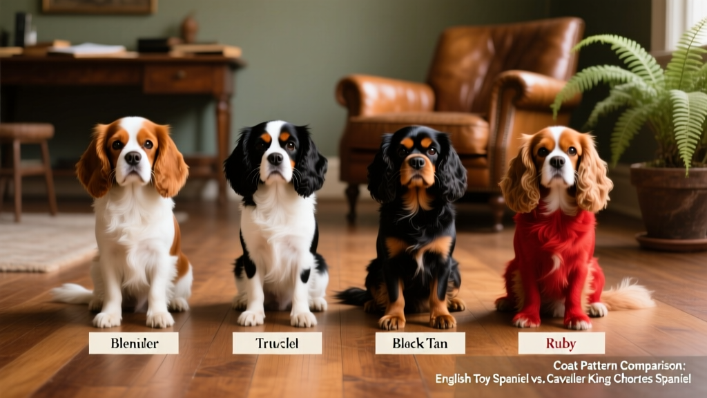 Four-color chart showing Blenheim, Tricolor, Black and Tan, and Ruby coat patterns side by side for both breeds
