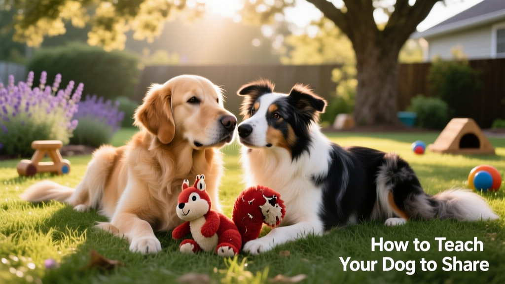 Two friendly dogs calmly resting near each other with shared toys nearby