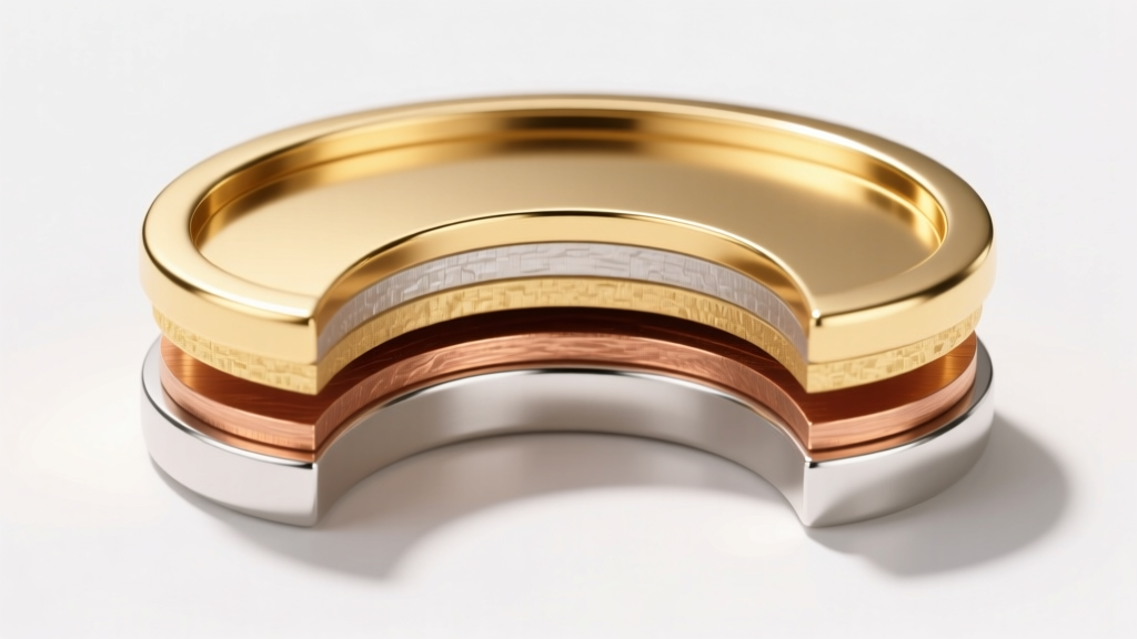 Cross-section diagram of gold vermeil showing a sterling silver core, copper strike layer, and a 2.5-micron 18k gold outer coating.