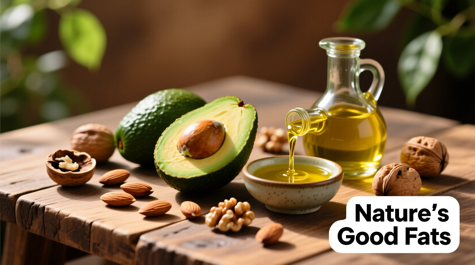 Colorful assortment of healthy fat foods including avocado, nuts, and olive oil