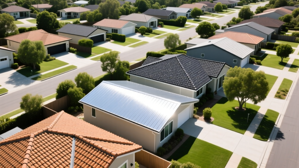Aerial view of a suburban neighborhood showcasing diverse roofing materials including asphalt shingles, standing seam metal, and clay tiles