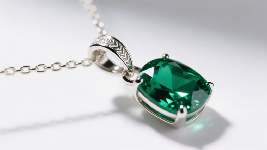 Macro shot of a hidden bail connecting a 0.9mm white gold chain to an emerald pendant under bright studio lighting, sharp focus