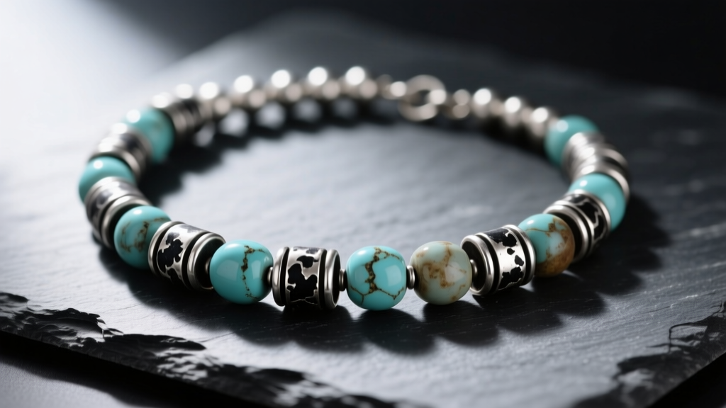 Close-up of a tarnished sterling silver beaded necklace on dark slate, showing blackened silver spacers and dull turquoise beads.