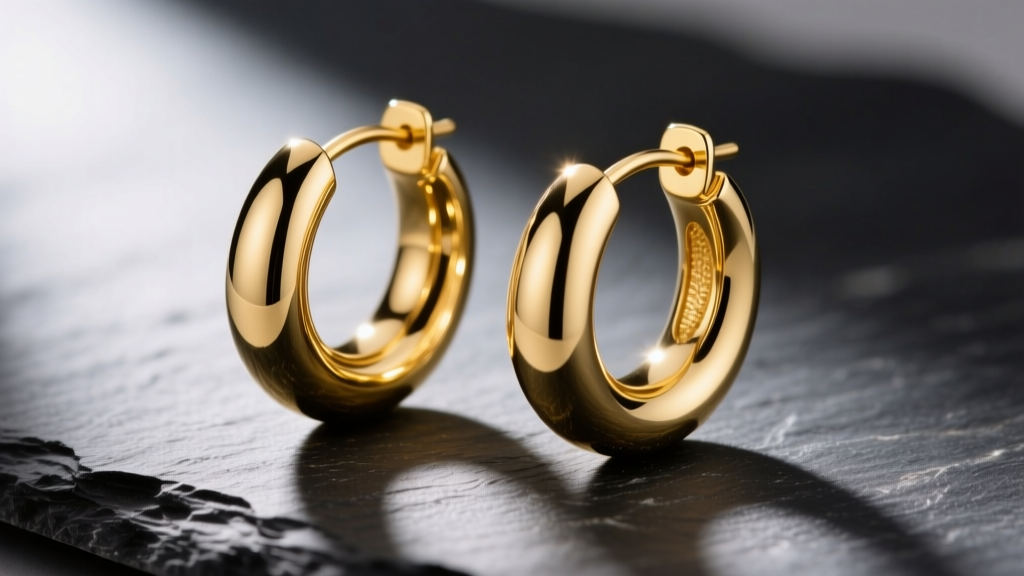 Macro shot of polished 14k yellow gold dome hoop earrings on dark slate, highlighting the reflective curved metal surface.