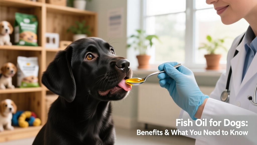 A playful Labrador puppy licking a spoonful of fish oil supplement from a vet’s hand