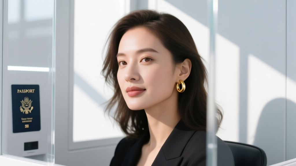 Close-up of a woman wearing small, matte 14k gold huggie earrings while sitting in a brightly lit passport photo booth