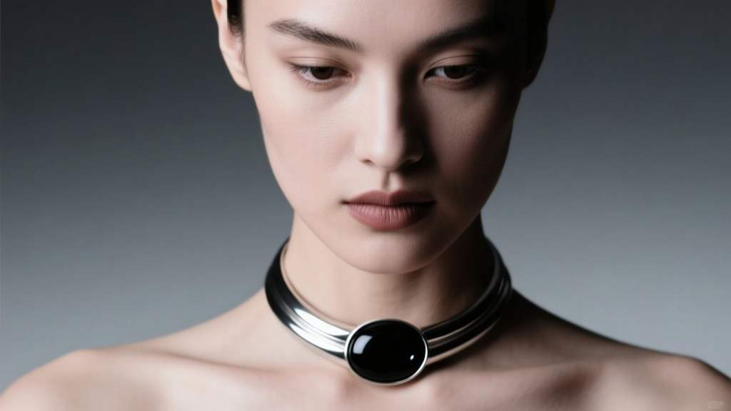 Close-up of a model wearing a rigid sterling silver throat necklace with a polished obsidian cabochon in moody lighting