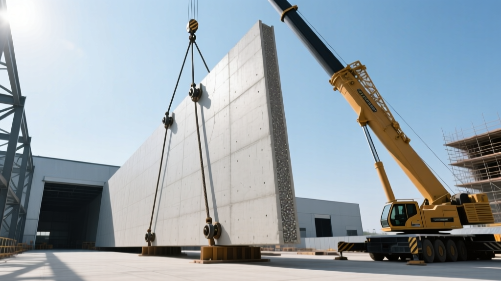 Massive tilt-up concrete wall panel being lifted by a heavy-duty crane at a large-scale industrial warehouse construction site