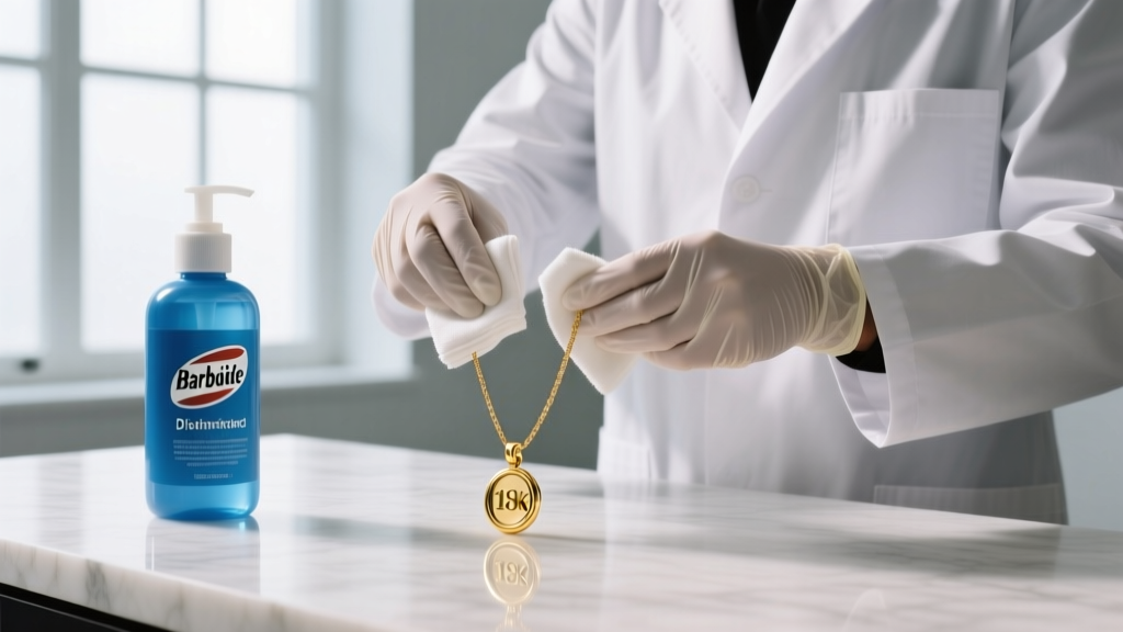 Stylist in nitrile gloves wiping a solid 18k gold pendant necklace with a cloth beside a blue Barbicide disinfectant jar