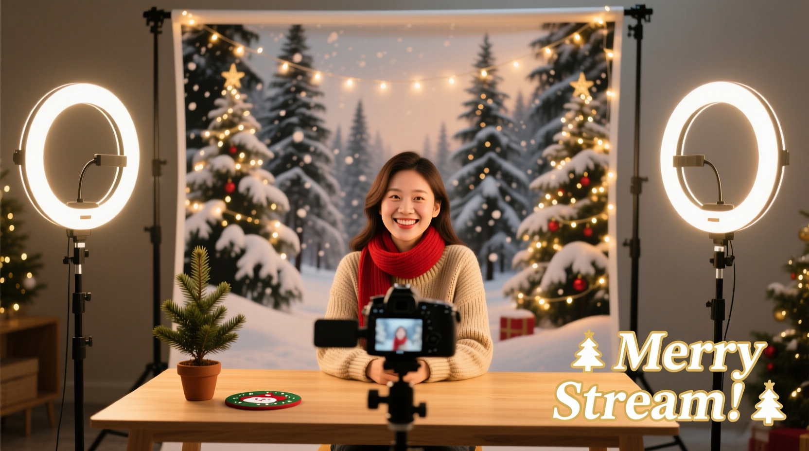 how to set up a christmas stream setup with ring lights and backdrops