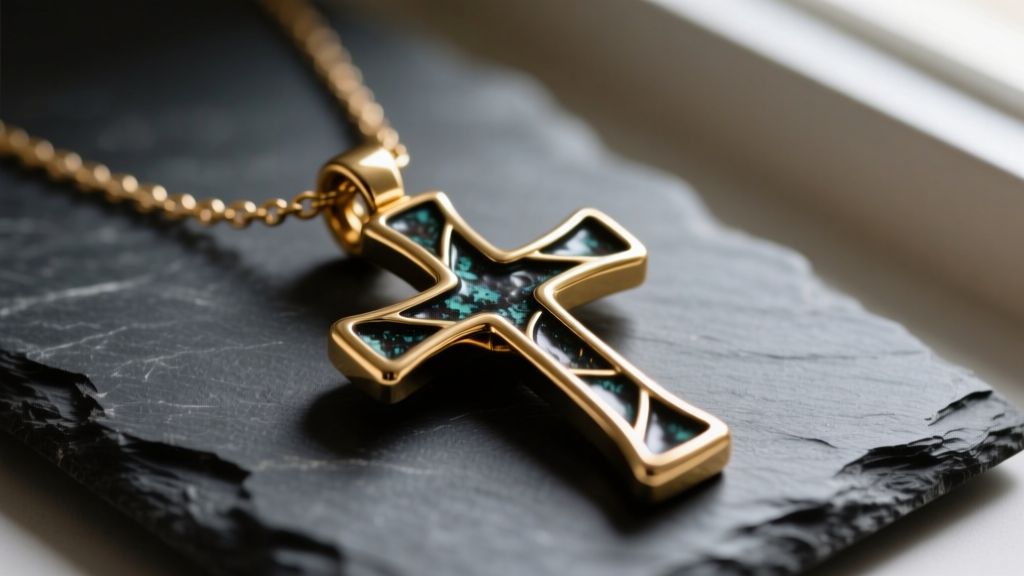 Solid brass cross necklace on dark slate, showing polished edges contrasting with dark oxidized patina in the deep crevices.