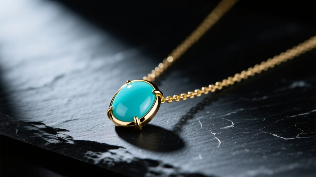 Close-up of a delicate gold pendant necklace featuring a polished turquoise cabochon resting on dark slate in soft, natural light