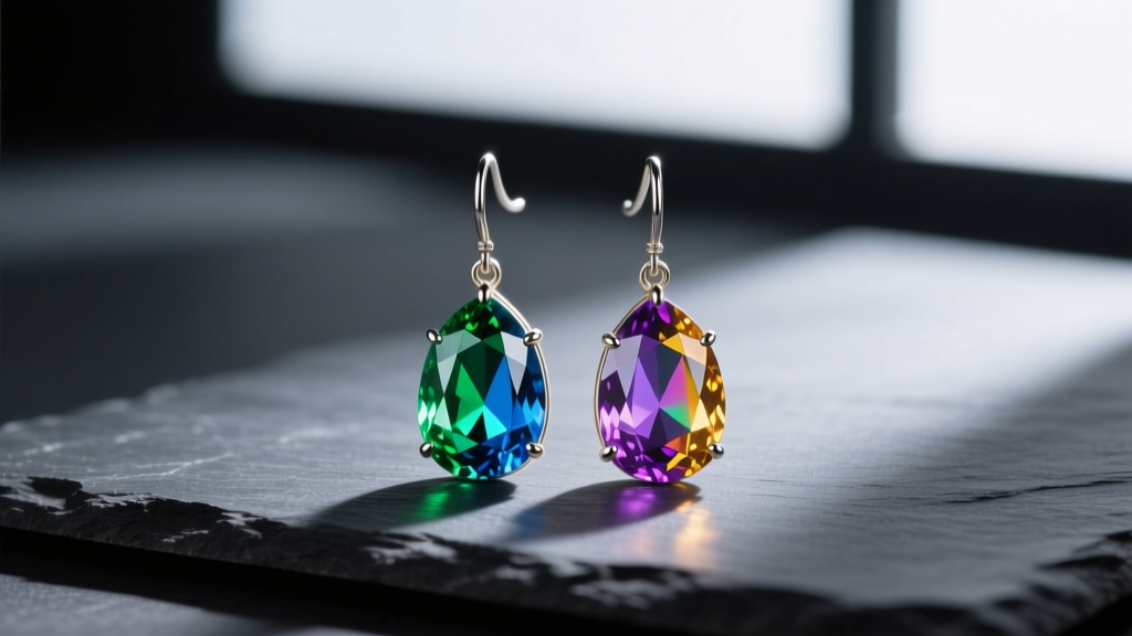 Rainbow sapphire drop earrings on dark slate, illuminated by soft directional lighting to highlight the vivid multicolor gems.