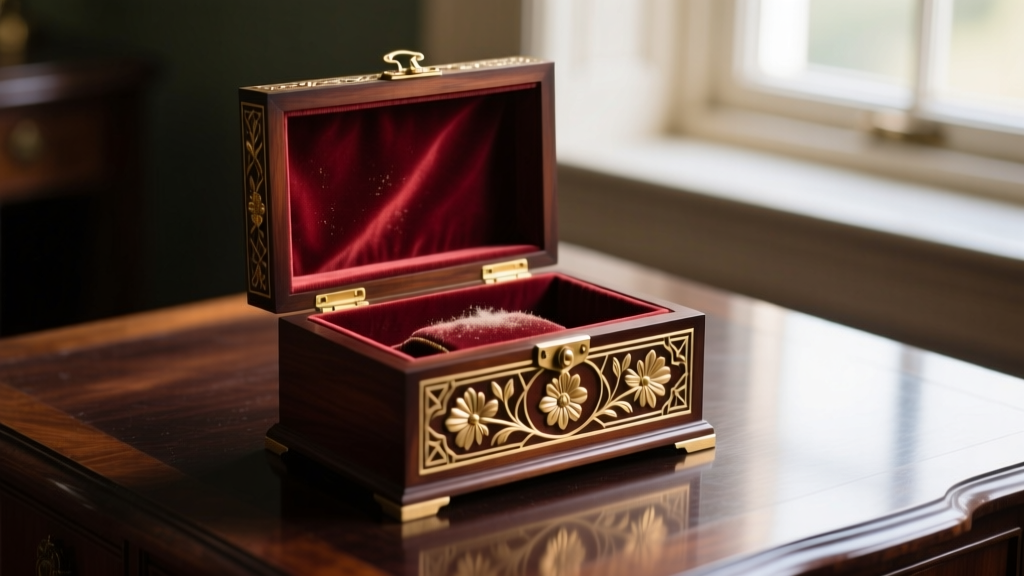 Victorian mahogany jewelry box antique with brass inlay, open showing faded red velvet interior on a polished dark wood desk.