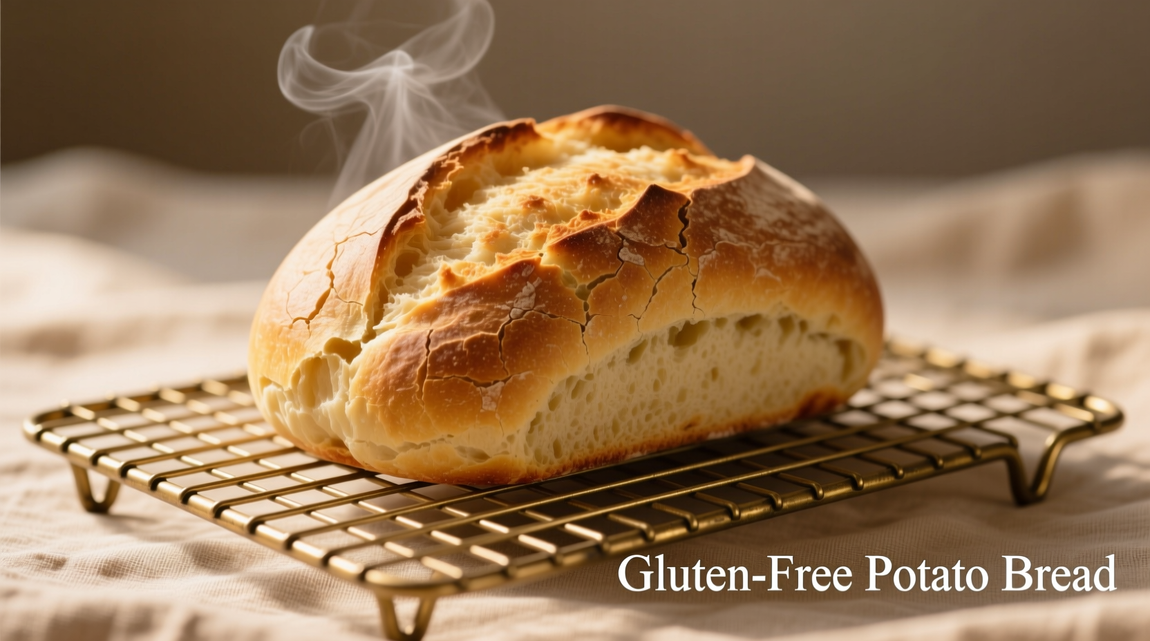 Gluten-free potato bread cooling on wire rack with steam rising