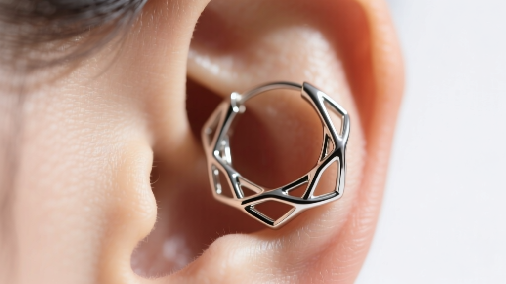Macro shot of lightweight hollow aluminum hoop earrings on an earlobe, showing tissue resting naturally without visible stress.