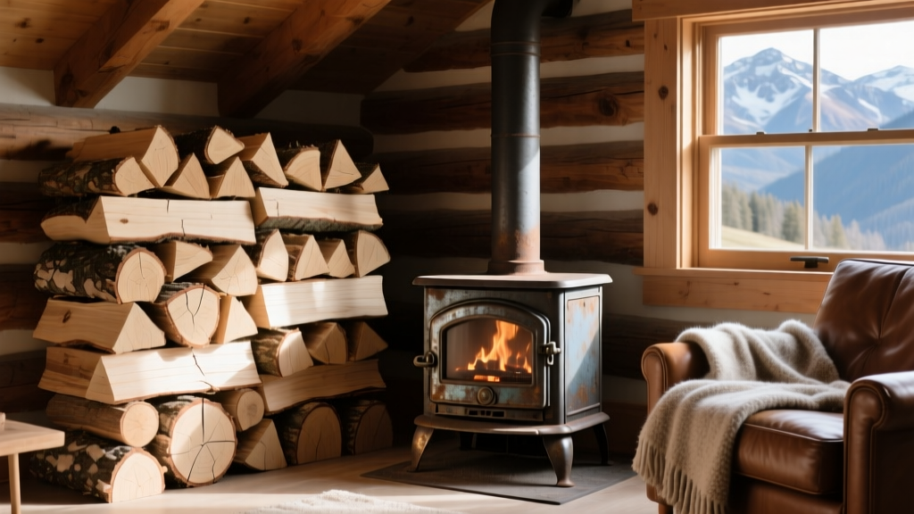 Split cords of seasoned white oak and hickory firewood stacked neatly next to a cast iron wood stove in a rustic cabin living room