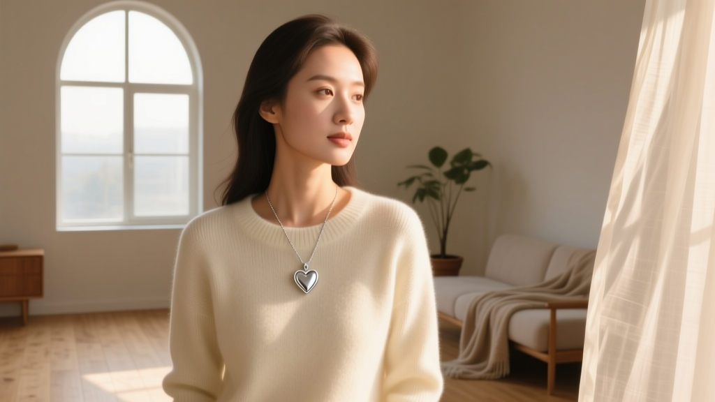 Woman wearing a delicate silver heart pendant over a cream sweater, bathed in natural window light with a cozy and warm aesthetic.