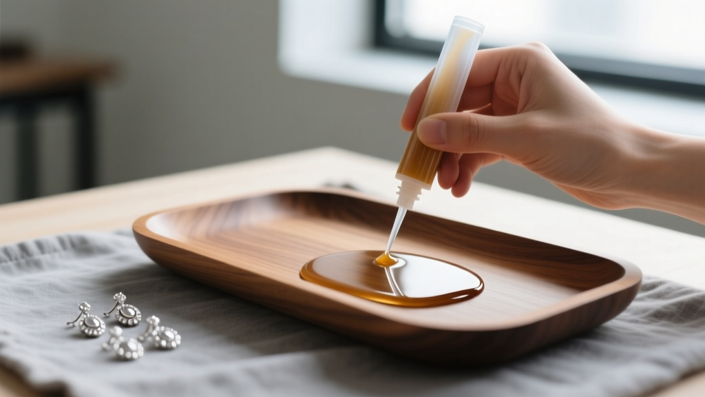Hand applying clear polyurethane sealant to a wooden jewelry tray, with blurred silver earrings resting nearby on soft gray cloth.