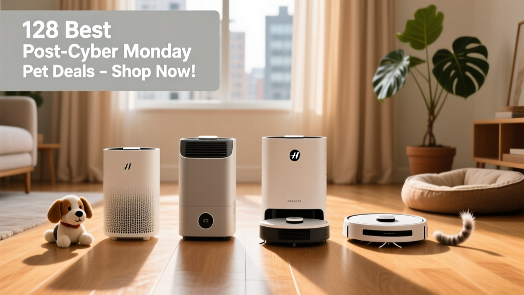 Side-by-side comparison of compact air purifiers and pet-safe vacuums arranged neatly on a hardwood floor