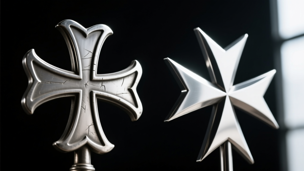 Macro shot comparing a historical Cross Pattée with flared arms next to a modern Maltese cross with V-notches on dark velvet