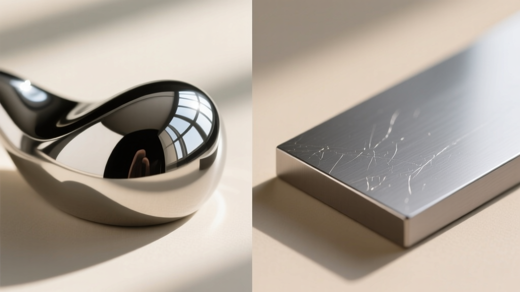 Side-by-side macro comparison showing the bright polish of surgical steel next to the matte grey finish of implant-grade titanium