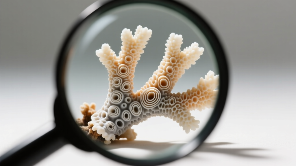 Macro view of natural branch coral displaying organic growth rings and surface pits under a jewelers magnifying loupe