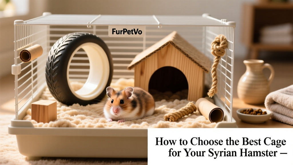 A content Syrian hamster inside a FurPetVo cage with deep bedding, large solid wheel, wooden hideout, and chew toys arranged thoughtfully