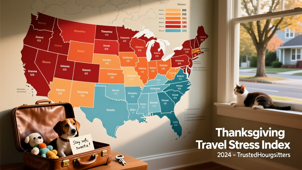 Map showing U.S. states ranked by Thanksgiving travel stress level, from highest to lowest