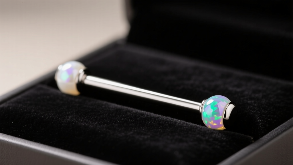 14-gauge titanium straight barbell with threadless opal ends resting on dark velvet inside a professional piercing studio