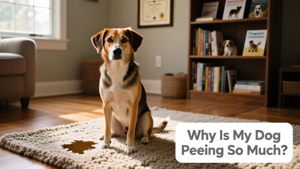 A dog sitting on a rug next to a damp spot, looking calm