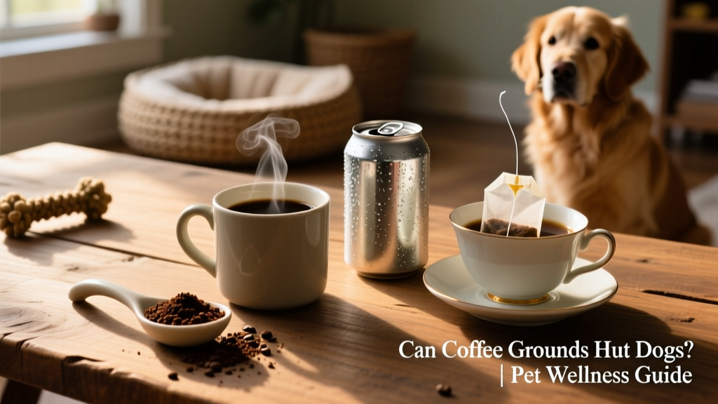 Side-by-side comparison showing common household items containing caffeine: coffee grounds, a mug of coffee, a soda can, and a teabag