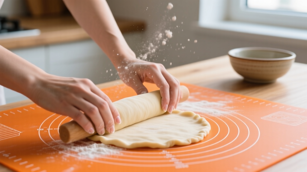Close-up of hands rolling pale pie dough on a bright orange silicone mat featuring printed measurement grids and concentric circle guides