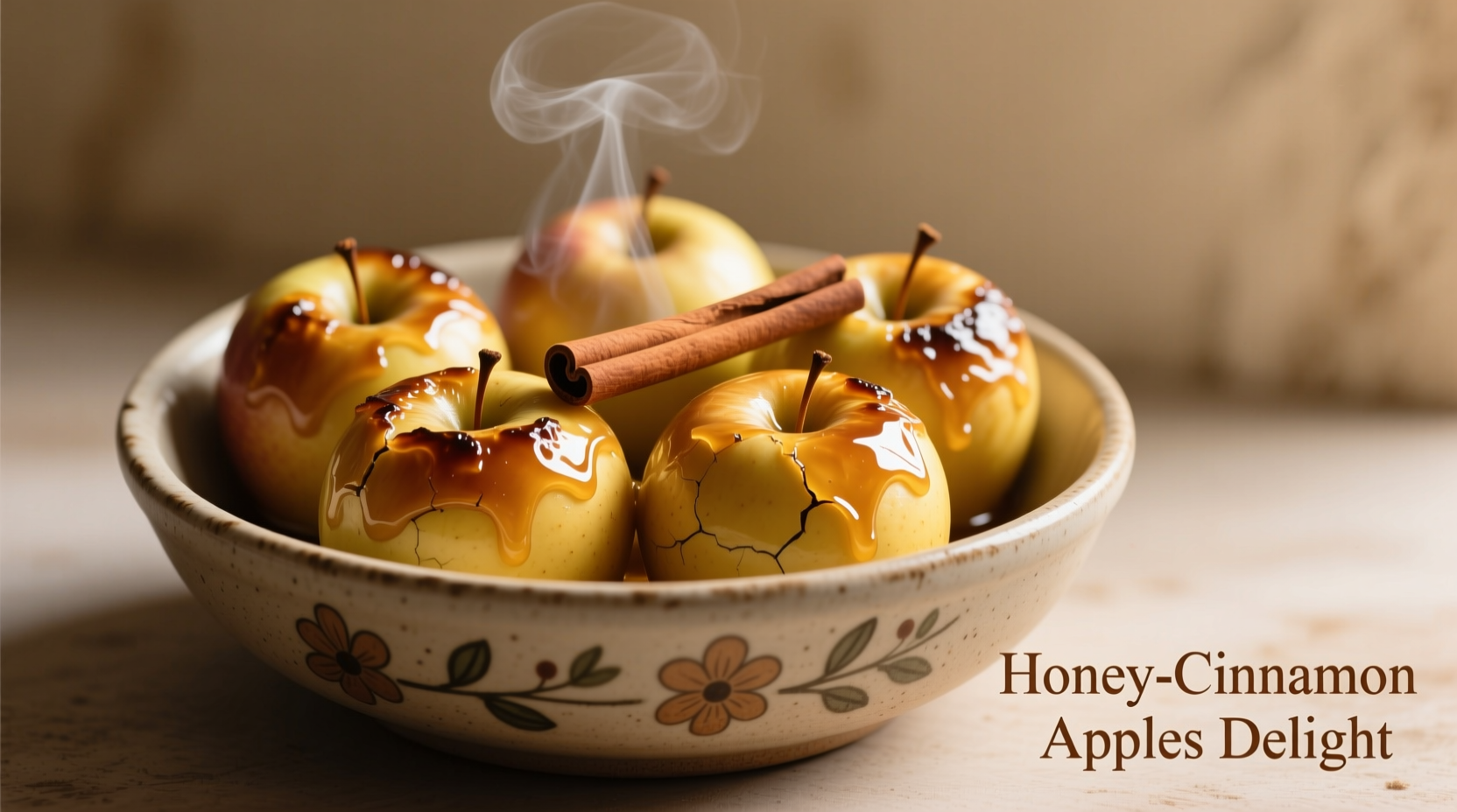 Golden cooked apples in ceramic bowl with cinnamon stick