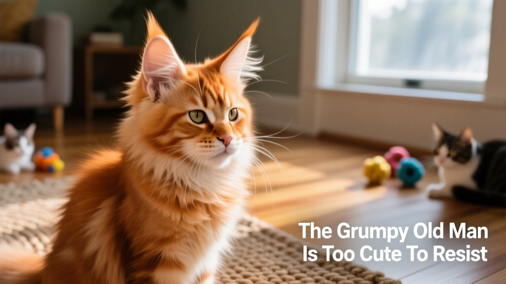 Side profile of the orange Maine Coon kitten showing full ear tufts and fluffy ruff