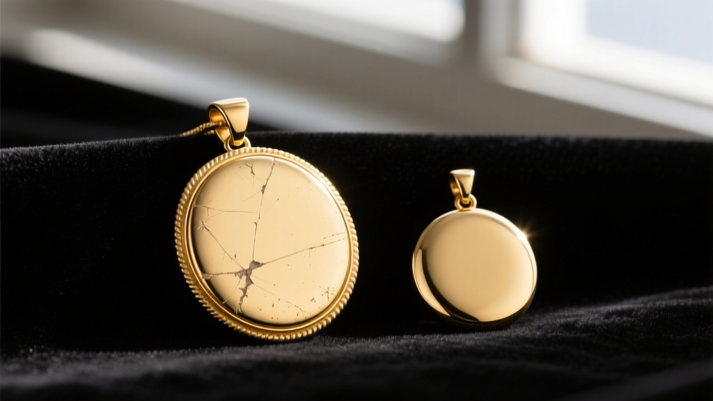 Side profile of a gold vermeil pendant showing slight edge wear, contrasting with a pristine solid 14k gold piece on dark velvet