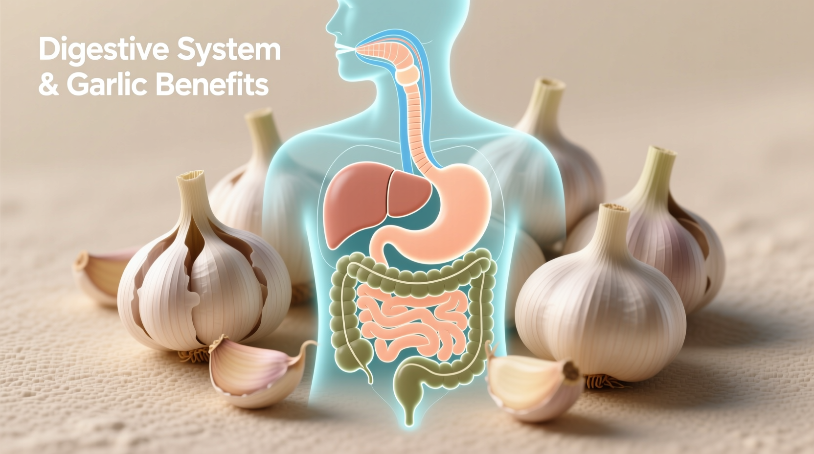 Garlic cloves with digestive system diagram