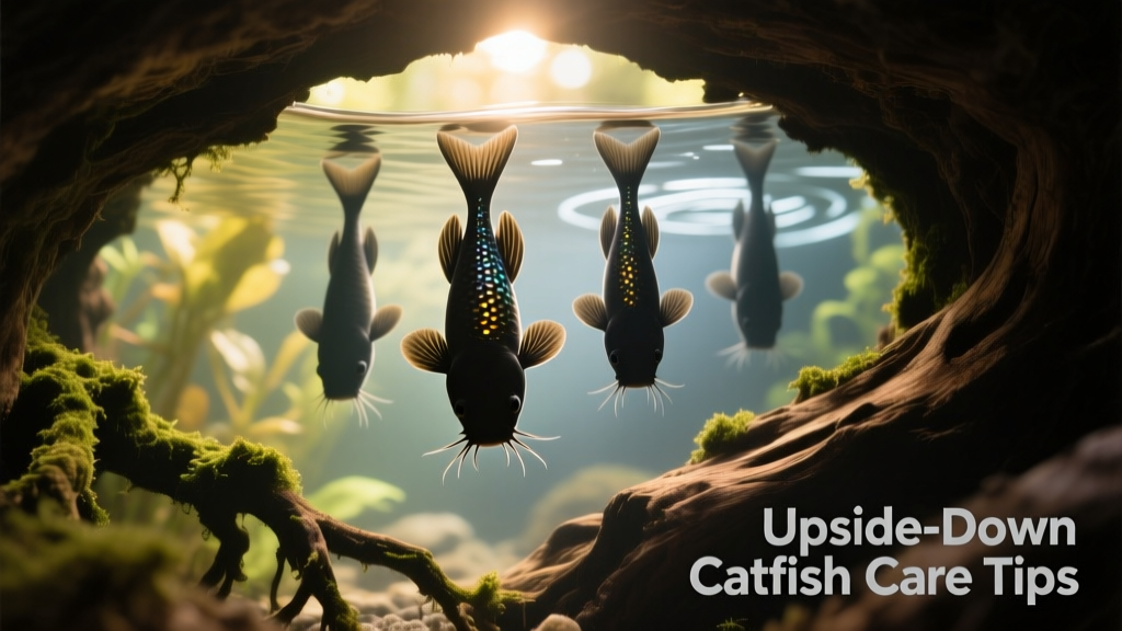 A small group of upside-down catfish resting together upside down in a shaded driftwood cave, lit softly from above