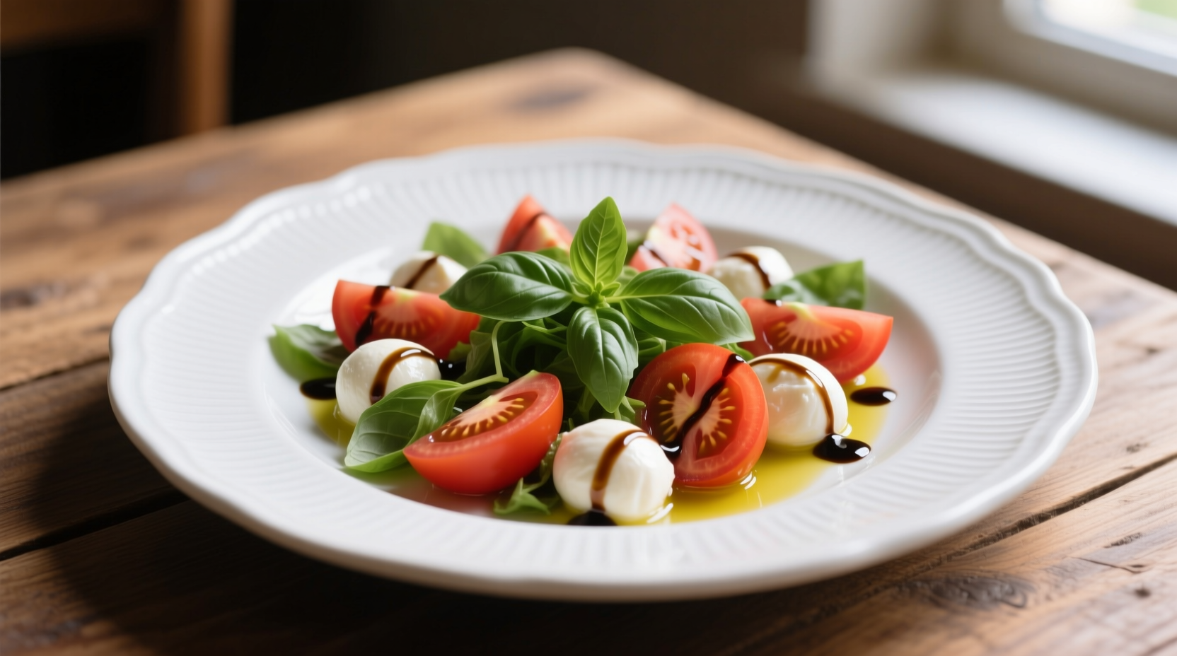 Fresh Caprese salad on white ceramic plate