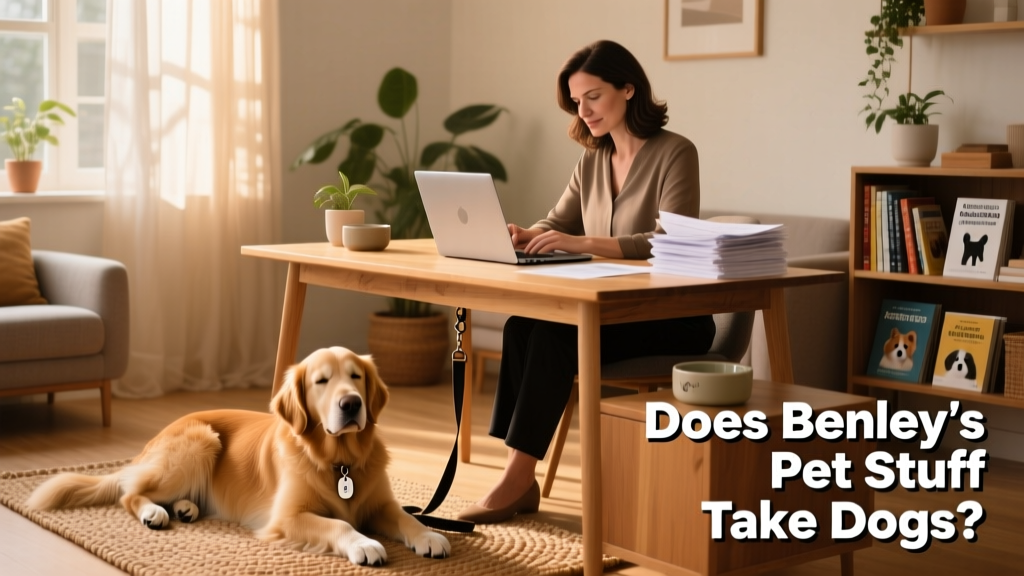 A person reviewing adoption applications on a laptop while their dog rests nearby