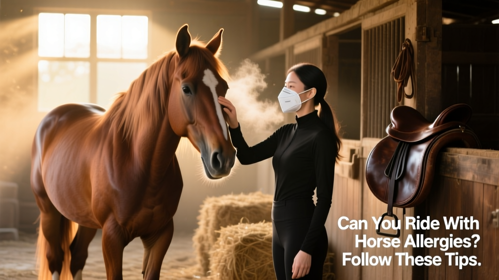 Person wearing an N95 mask while gently brushing a calm horse in a well-lit stable