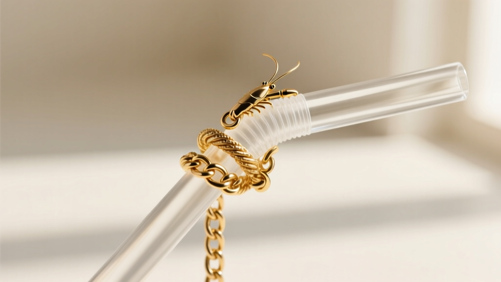 Close-up of a delicate gold cable chain threaded through a clear plastic straw, with the small lobster clasp secured at the end.